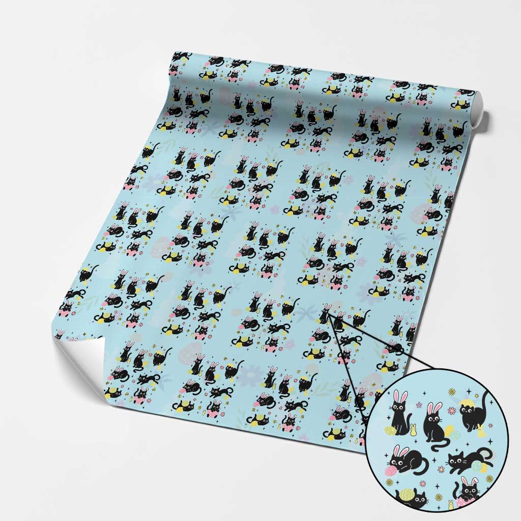 Funny Black Cat With Bunny Eggs Easter Day Wrapping Paper Roll TS11 Light Blue Print Your Wear