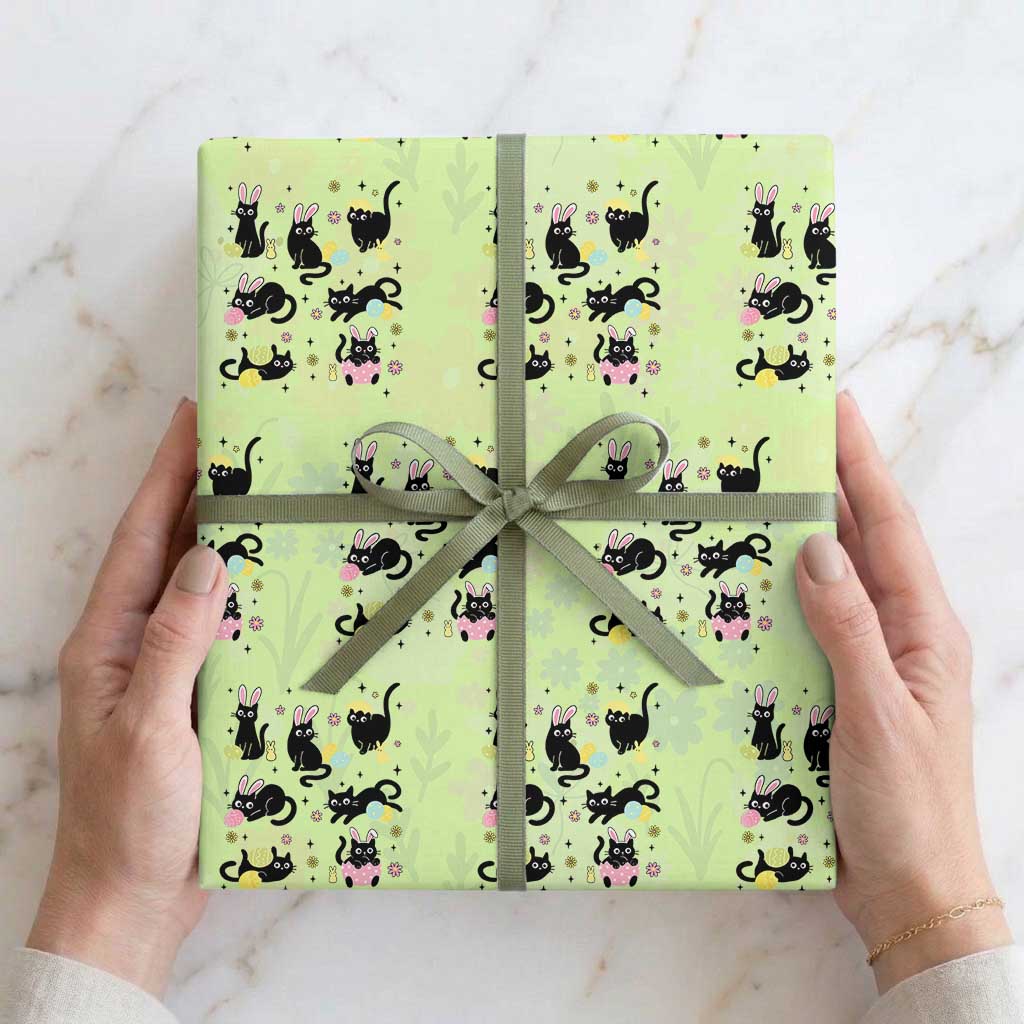 Funny Black Cat With Bunny Eggs Easter Day Wrapping Paper Roll TS11 Lime Print Your Wear