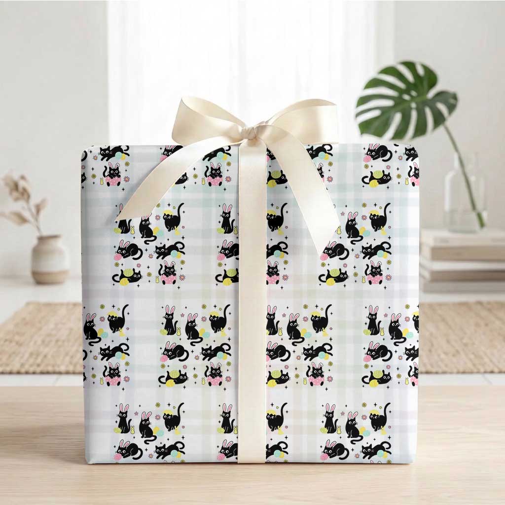 Funny Black Cat With Bunny Eggs Easter Day Wrapping Paper Roll TS11 White Plaid Print Your Wear