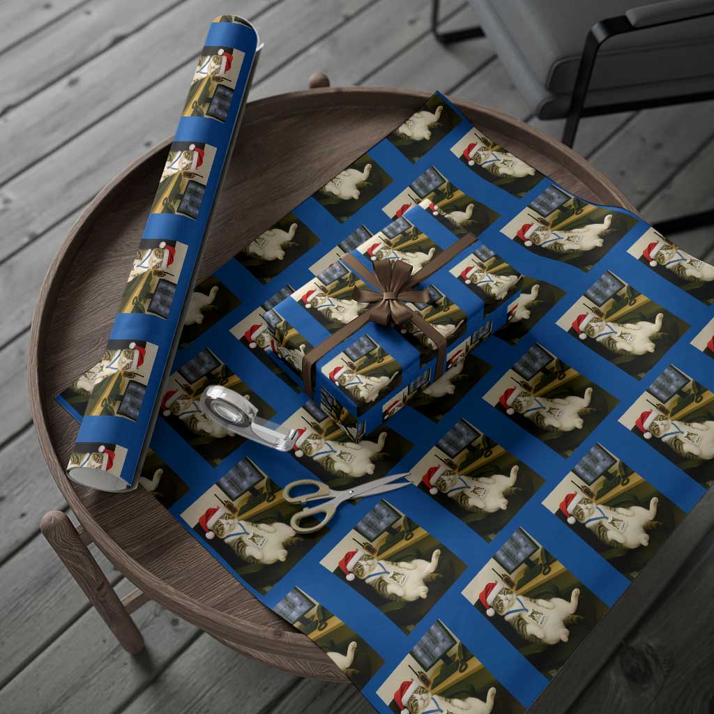 Funny Cat Christmas Wrapping Paper Roll Night Time Security Guard TS14 Blue Print Your Wear