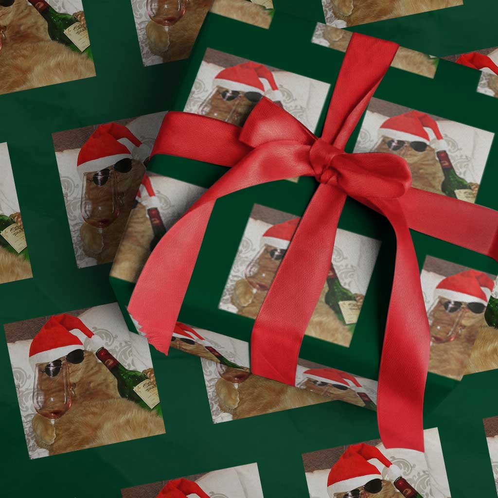 Funny Cat Drinking Wine Xmas Wrapping Paper Roll TS14 Green Print Your Wear