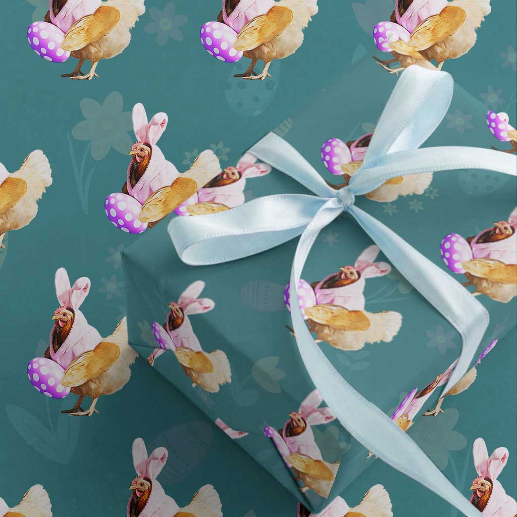 Funny Chicken Bunny Wrapping Paper Roll Happy Easter Eggs Farm TS02 Teal Print Your Wear