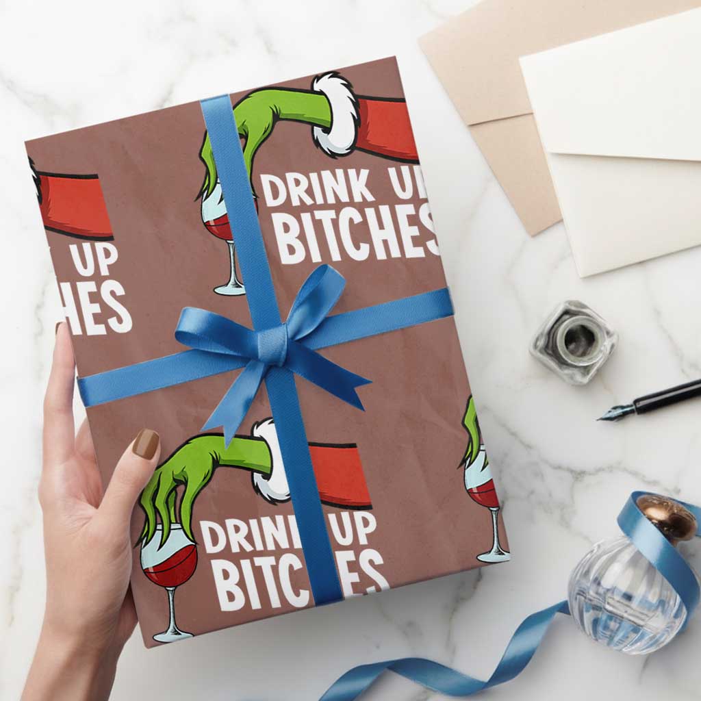 Funny Christmas Wine Wrapping Paper Roll Drink Up Bitches TS14 Mocha Print Your Wear