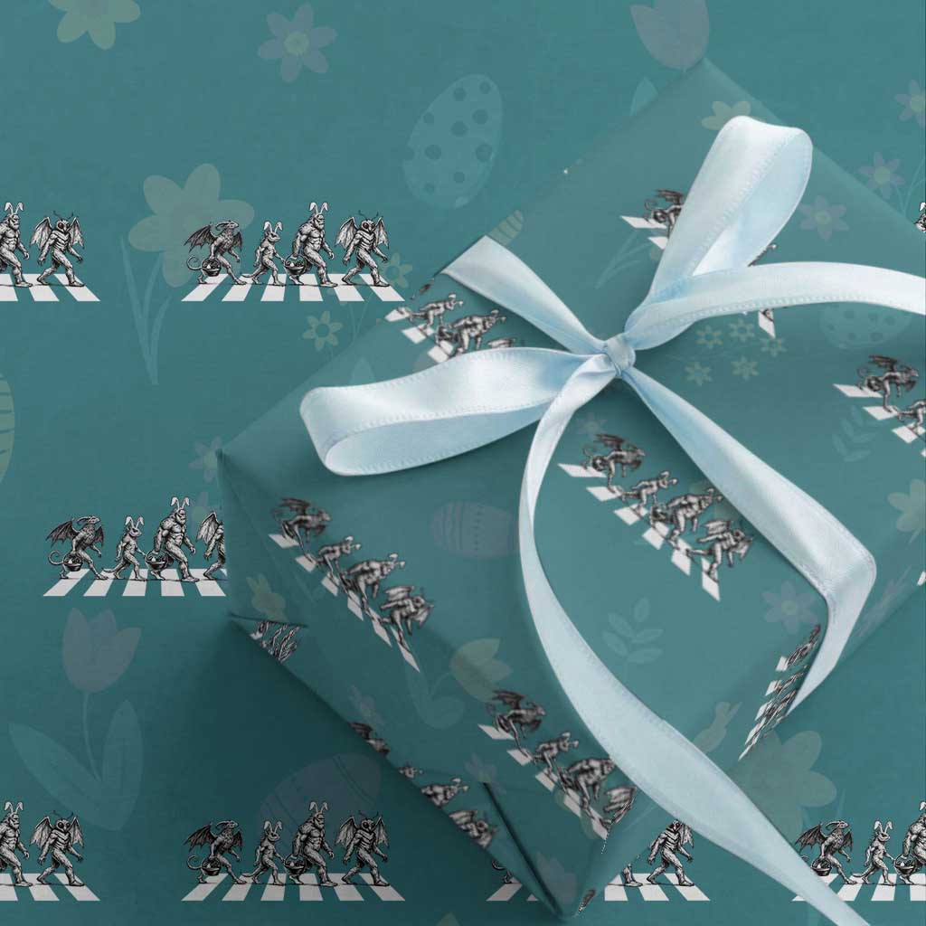 Funny Easter Cryptid Walk Wrapping Paper Roll Bigfoot Mothman Jersey Devil Chupacabra TS12 Teal Print Your Wear