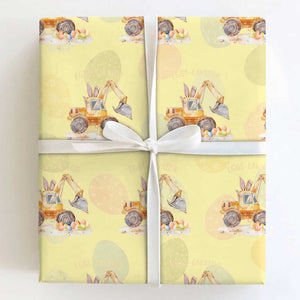 Funny Easter Day Excavator Wrapping Paper Roll Eggs-Cavator Bunny Construction Trucks TS11 Light Yellow Print Your Wear