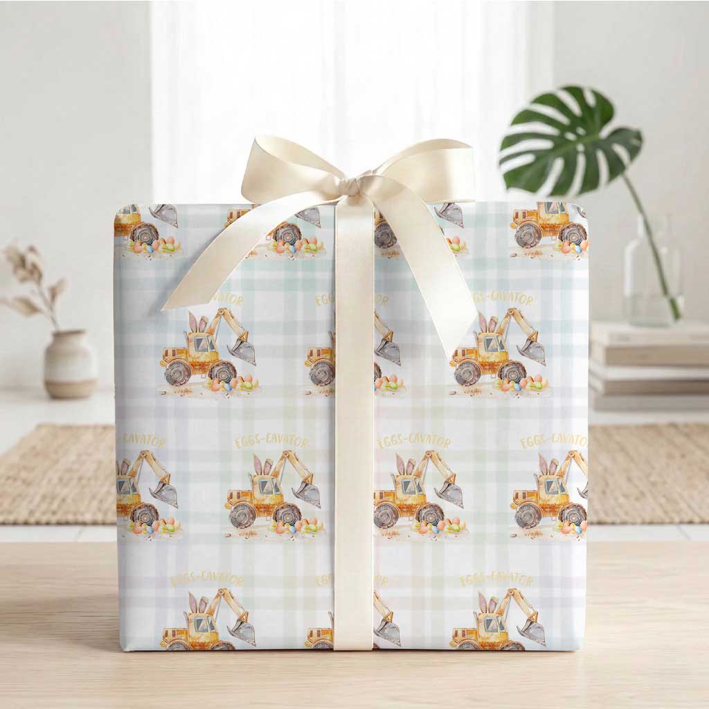 Funny Easter Day Excavator Wrapping Paper Roll Eggs-Cavator Bunny Construction Trucks TS11 White Plaid Print Your Wear