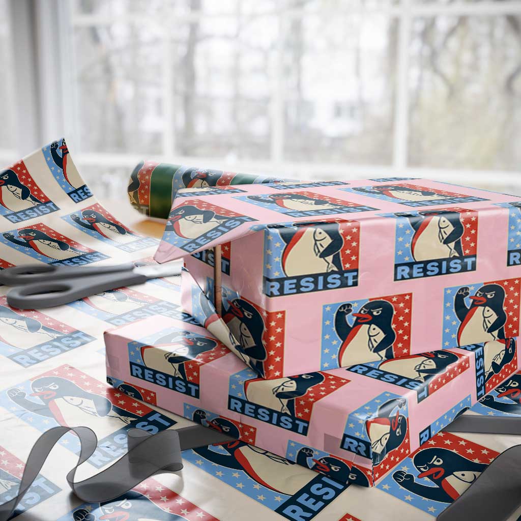 Funny Penguin Resist Graphic Wrapping Paper Roll Resist Protest Against Tariffs TS02 Light Pink Print Your Wear