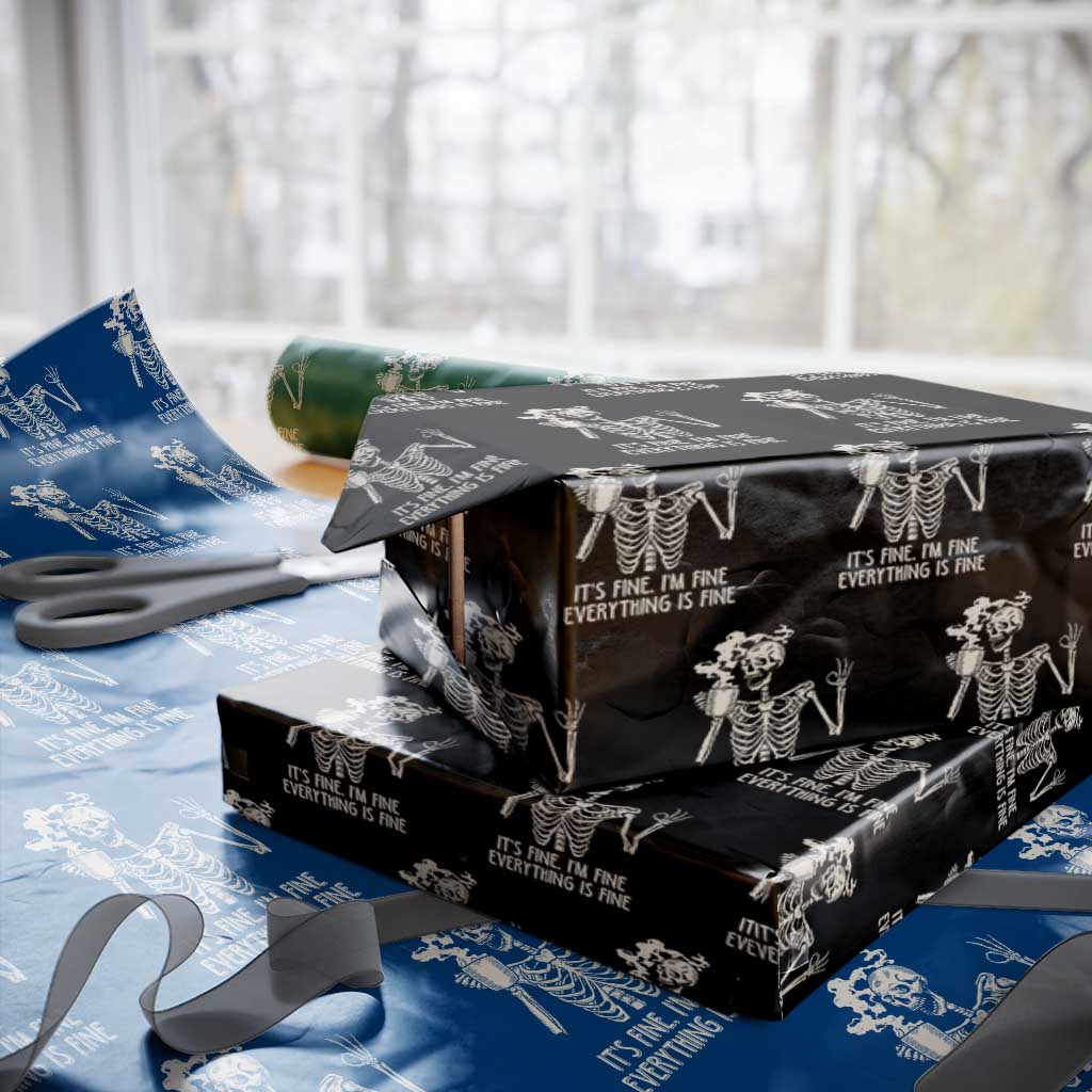 Funny Skeleton Wrapping Paper Roll It's Fine I'm Fine Everything's Fine Never Better Drinking Coffee TS02 Black Print Your Wear