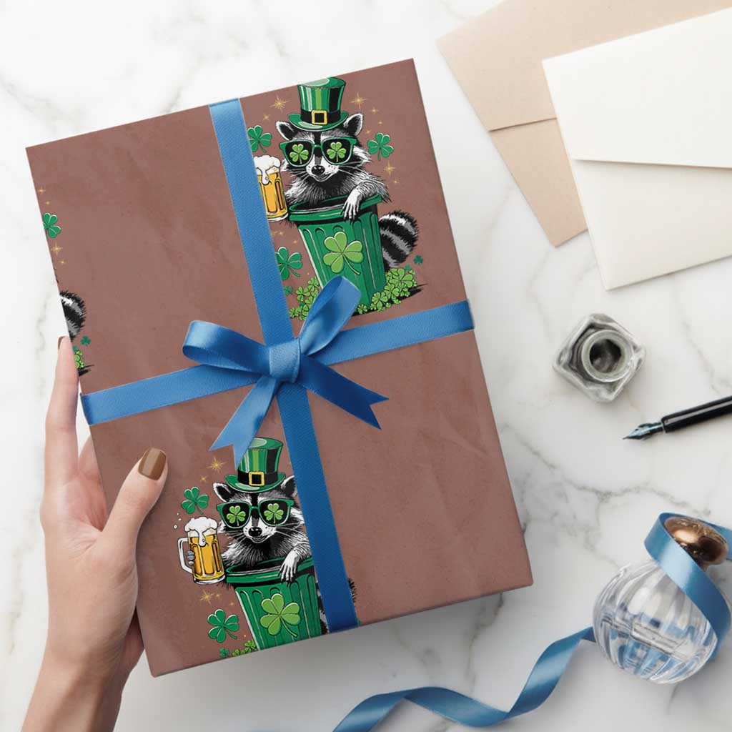 Funny St.Patrick's Day Raccoon Wrapping Paper Roll Patrick Drinking Irish TS02 Mocha Print Your Wear