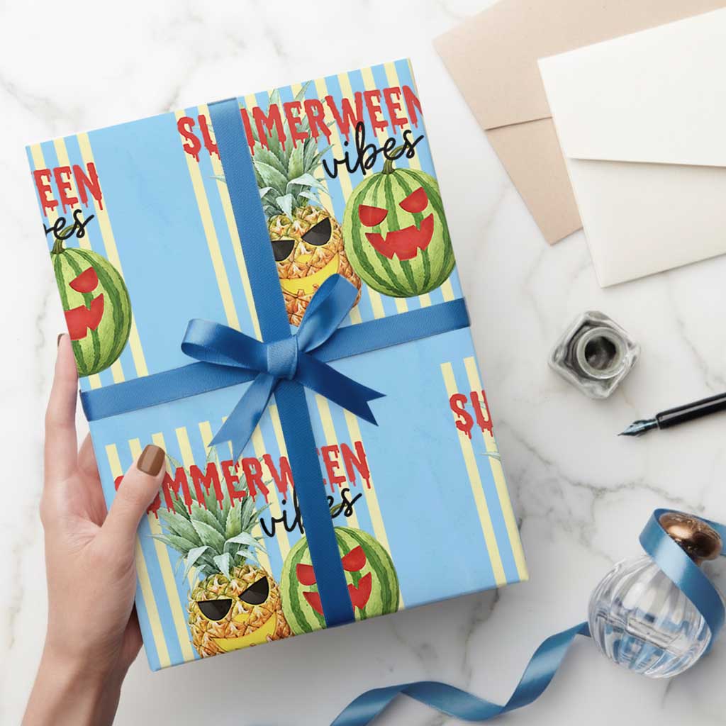 Funny Summerween Fruit Wrapping Paper Roll Spooky Pineapple Watermelon Graphic TS12 Light Blue Print Your Wear