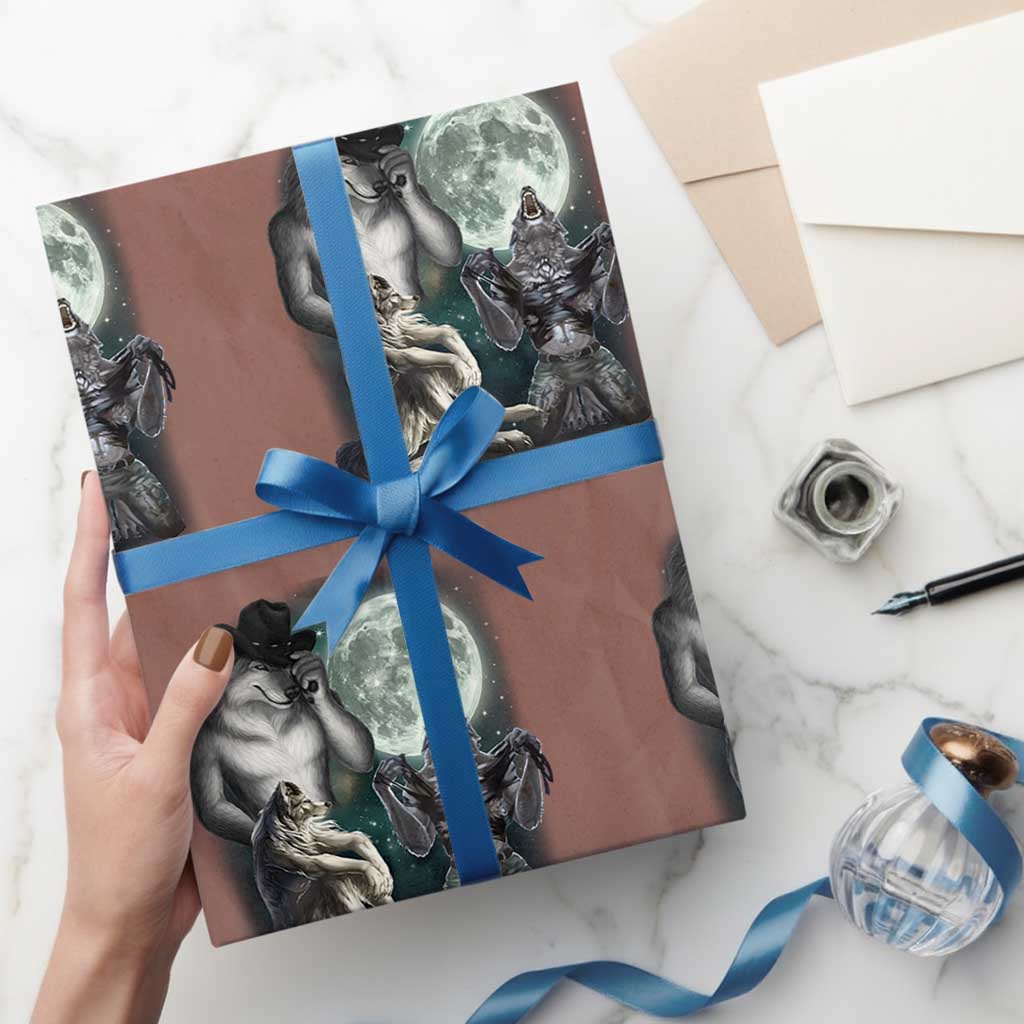 Funny Three Alpha Wolf Howling Moon Wrapping Paper Roll Weird Cringe Werewolf Meme TS11 Mocha Print Your Wear