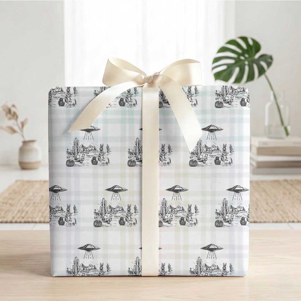 Funny Western Easter Day UFO Bunny Alien Wrapping Paper Roll TS11 White Plaid Print Your Wear