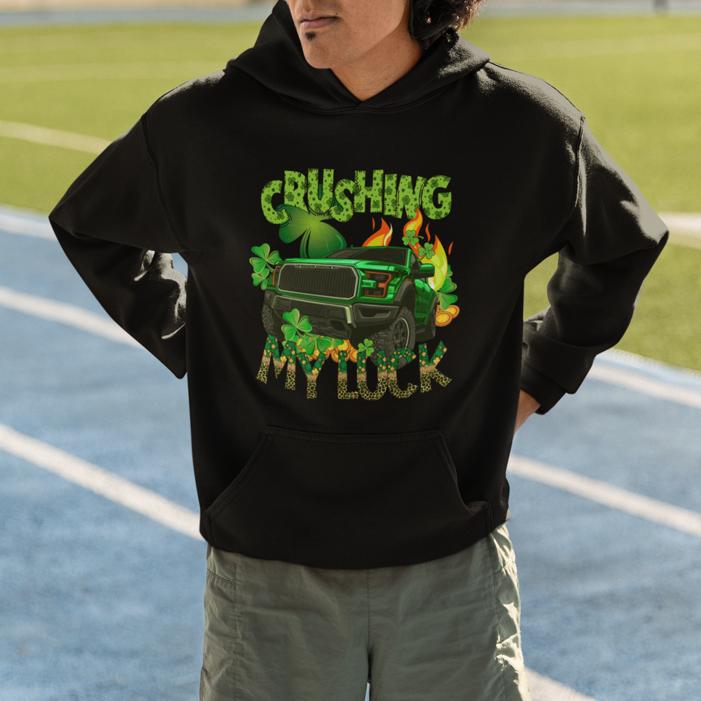 Funny St. Patricks Day Hoodie Crushing My Luck Truck of Shamrocks TS02 Printyourwear