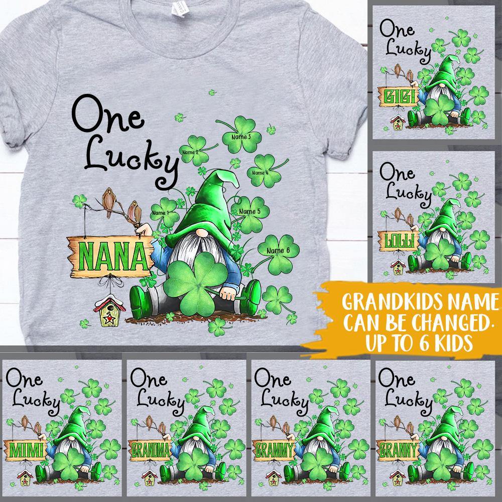 Personalized St Patricks Day Grandma T Shirt One Lucky Nana Shamrock Gnome CTM Youth Custom - Printyourwear