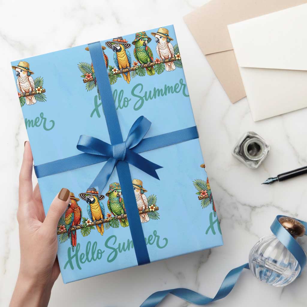 Hello Summer Parrots Wrapping Paper Roll Tropical Beach Vacation Graphic TS12 Light Blue Print Your Wear