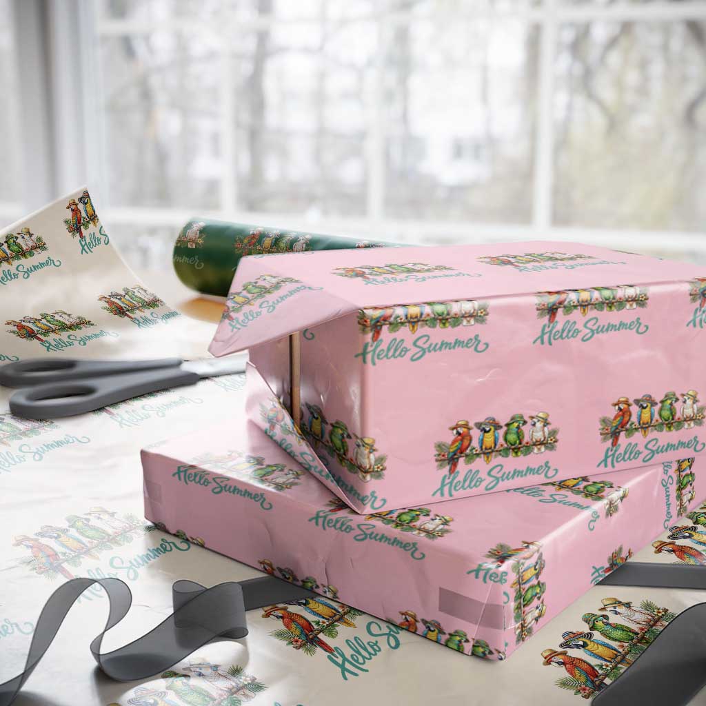 Hello Summer Parrots Wrapping Paper Roll Tropical Beach Vacation Graphic TS12 Light Pink Print Your Wear