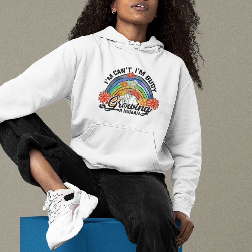 First Mother's Day Hoodie I Can't I'm Busy Growing A Human New Mom Retro Rainbow TS02 Printyourwear