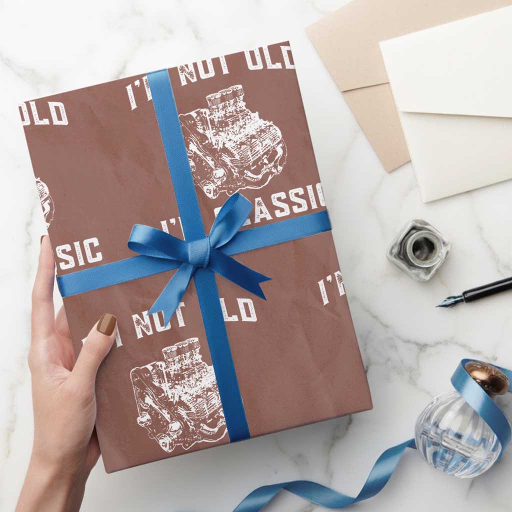 I'm Not Old I'm Classic Wrapping Paper Roll Flathead V8 Engine Silhouette TS14 Mocha Print Your Wear
