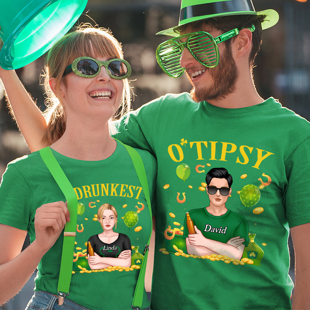 Personalized St Patricks Day Drunken Drunkest Drunker Tipsy T Shirts Gift For Couple Couple With Arms Crossed CTM Custom - Printyourwear