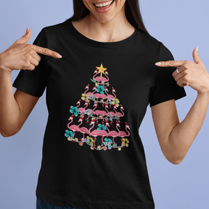 Cute Pink Flamingo Christmas Tree with Hibiscus Merry Xmas T Shirt TS02 Printyourwear