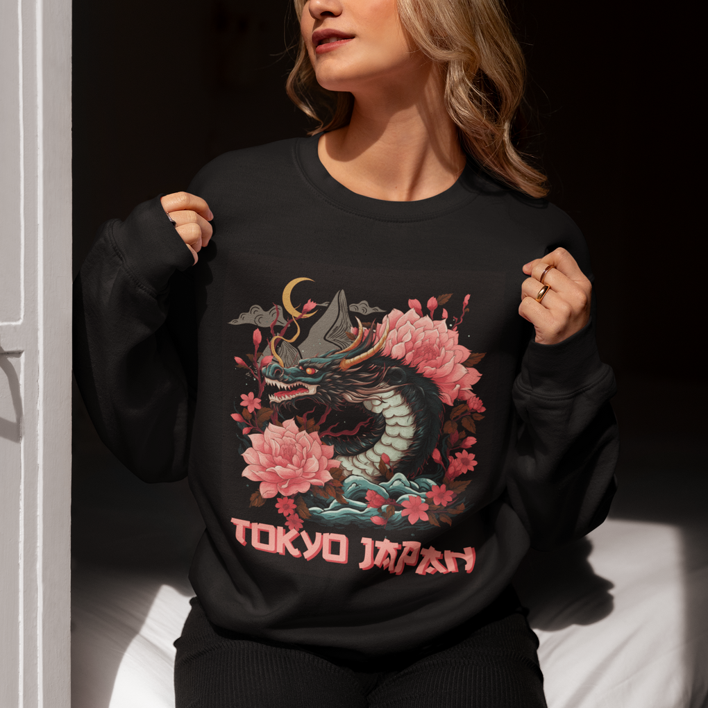 Tokyo Japan Dragon Sweatshirt Asian Inspired Retro Aesthetic Sakura Japanese Cherry Blossoms TS09 Printyourwear