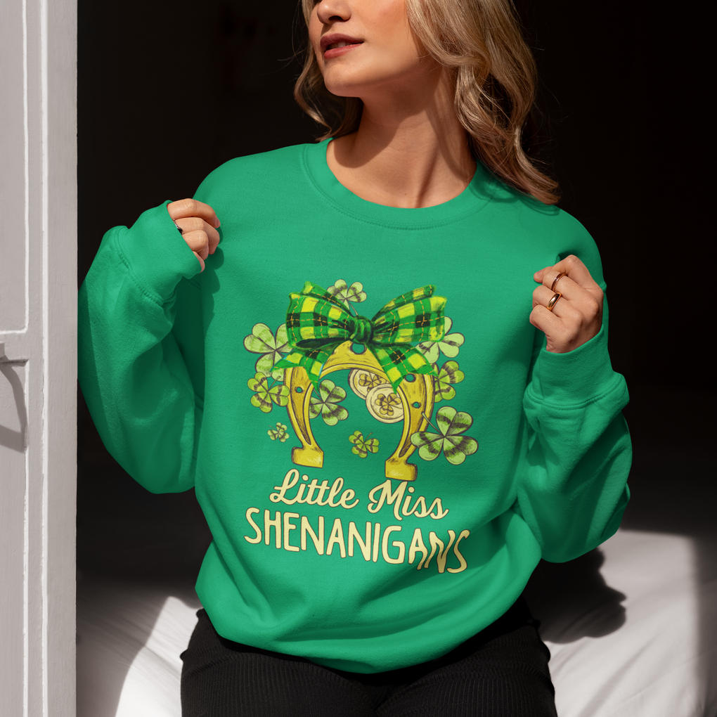 St. Patrick's Day Sweatshirt Little Miss Shenanigans Coquette Shamrocks TS09 Printyourwear