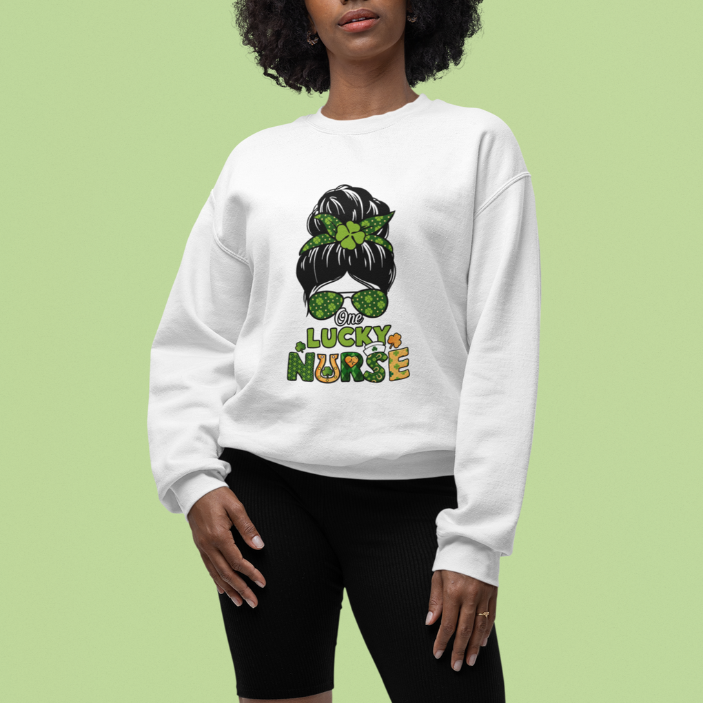 Funny One Lucky Nurse St. Patricks Day Sweatshirt Scrub Life with Messy Bun TS02 Printyourwear