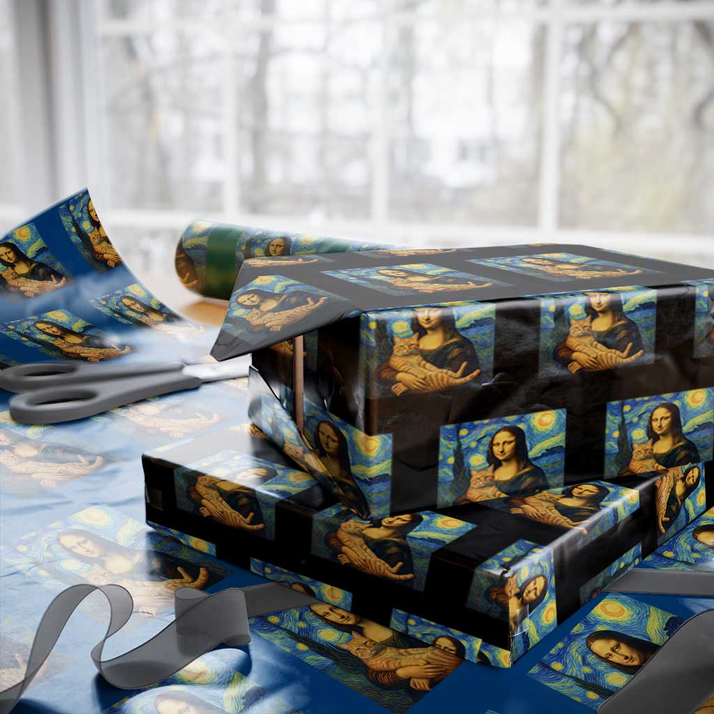 Mona Lisa Cat Starry Night Wrapping Paper Roll TS14 Black Print Your Wear