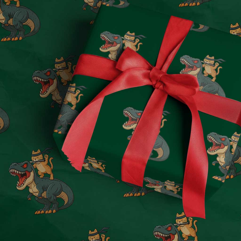 Ninja Cat Riding Dinosaur Wrapping Paper Roll TS14 Green Print Your Wear