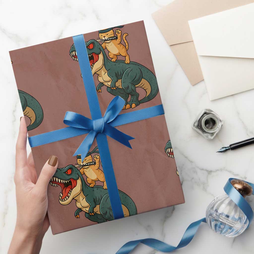 Ninja Cat Riding Dinosaur Wrapping Paper Roll TS14 Mocha Print Your Wear