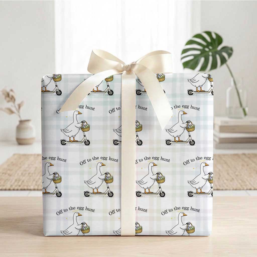 Off To The Egg Hunt Wrapping Paper Roll Funny Easter Goose TS14 White Plaid Print Your Wear