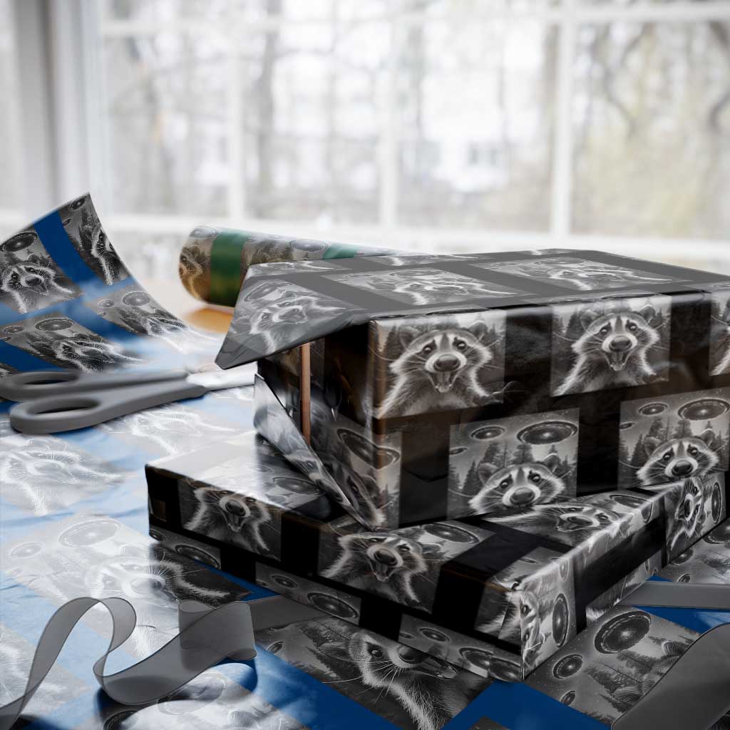 Racoon Meme Wrapping Paper Roll Selfie With Alien UFO TS10 Black Print Your Wear