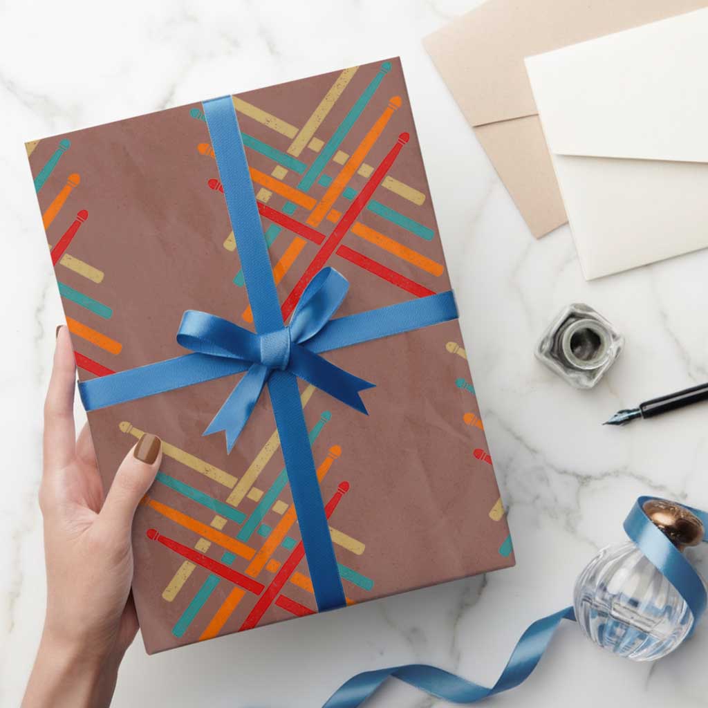 Retro Vintage Drummer Wrapping Paper Roll 70s 80s Distressed Drum Sticks TS10 Mocha Print Your Wear