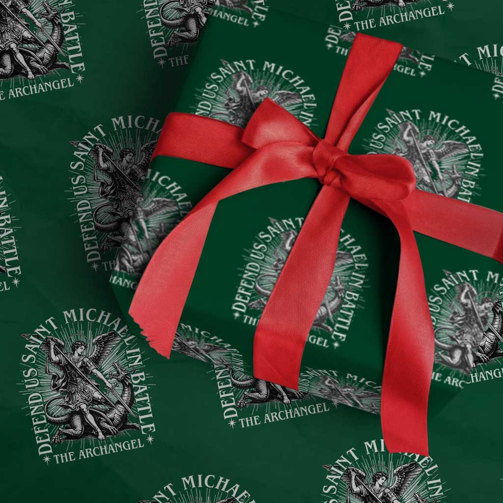 Saint Michael Defend Us In Battle Wrapping Paper Roll Catholic Protection Gift TS12 Green Print Your Wear