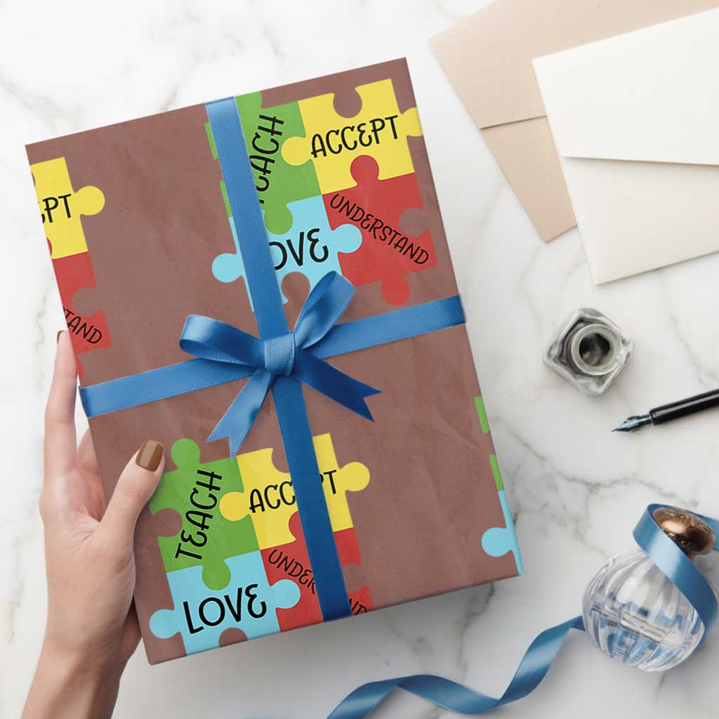 Special Ed Educator Autism Support Wrapping Paper Roll Teach Accept Understand Love TS12 Mocha Print Your Wear
