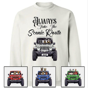 Custom Jeep Shirts, Always Take The Scenic Route Jeep Dog Jeep Cat Apparel CTM00 Custom - Printyourwear