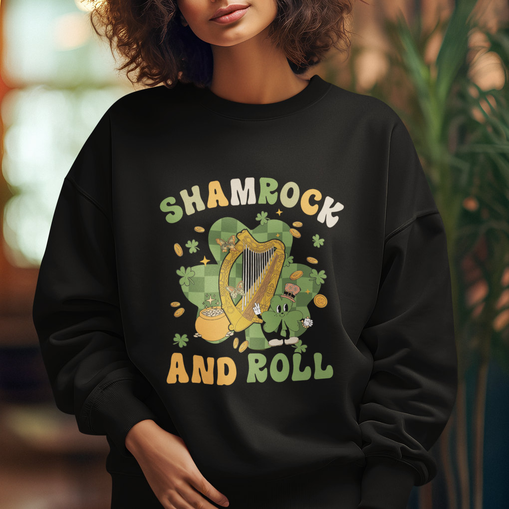 Funny St. Patricks Day Sweatshirt Shamrock 'N Roll Irish Music Celtic Harp TS02 Printyourwear