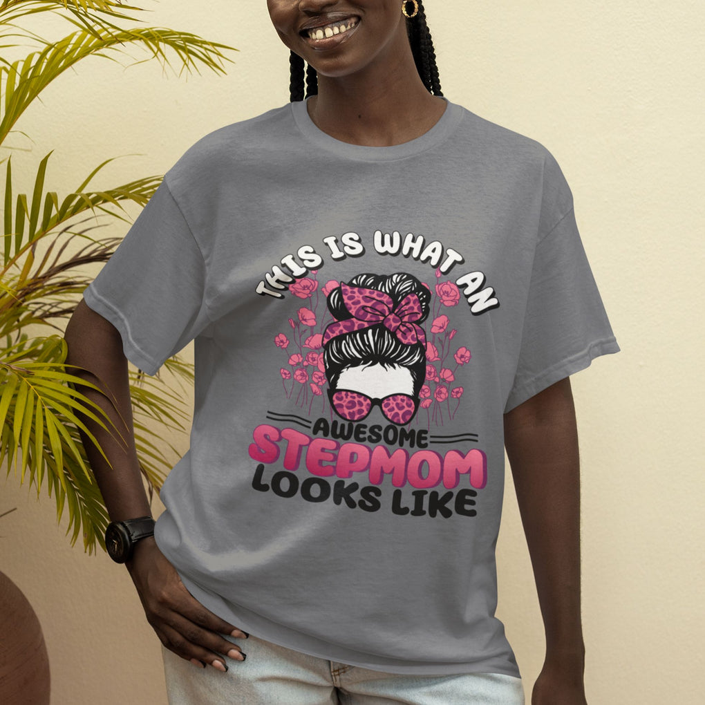 Funny Bonus Mom T Shirt This Is What An Awesome Stepmom Looks Like Pink Messy Bun TS02 Printyourwear