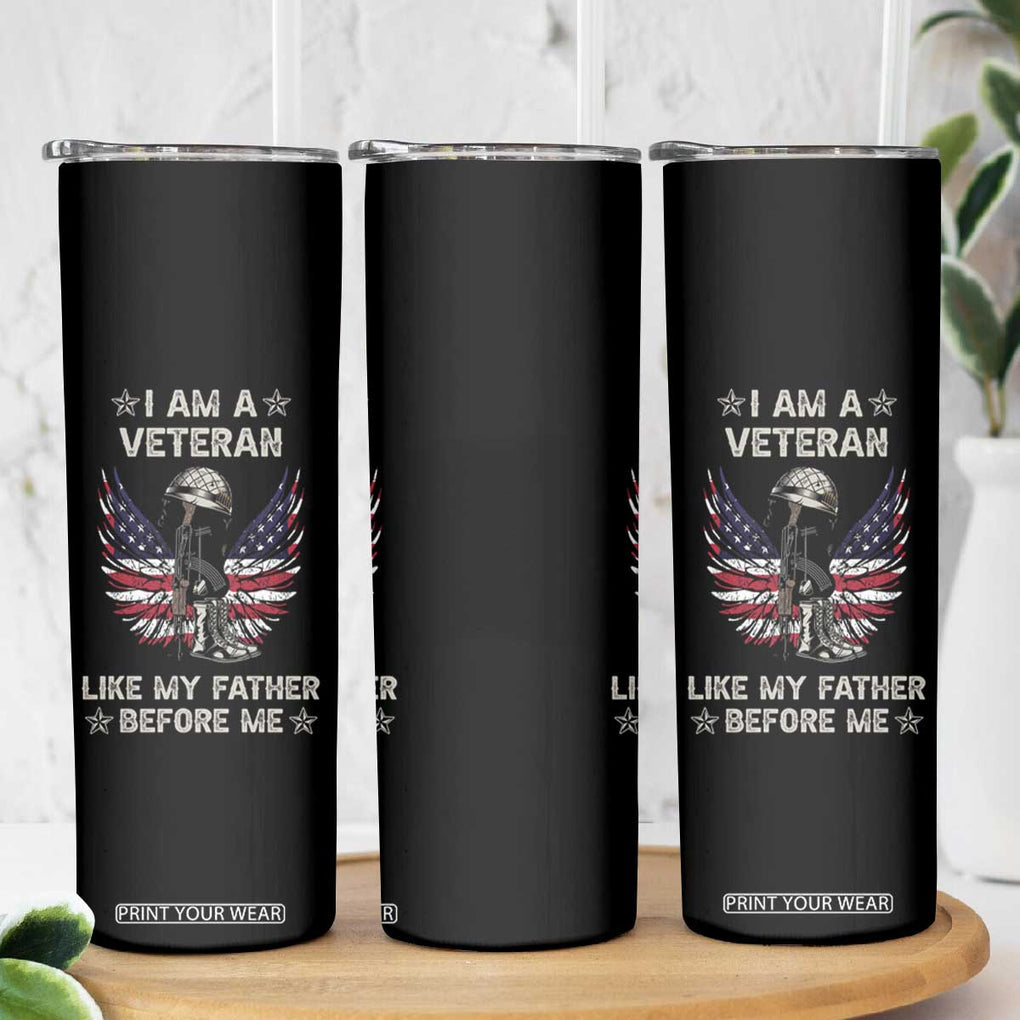 American Veteran Skinny Tumbler Like My Father Before Me Us Flag Angel Wings Combat Boots And Dog Tag TB02 Print Your Wear