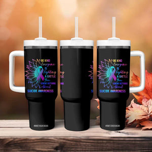 Suicide Prevention Awareness Tumbler With Handle Be Kind Everyone Is Fighting A Battle You Know Nothing About Teal Purple Gradient Sunflower TB02 Print Your Wear