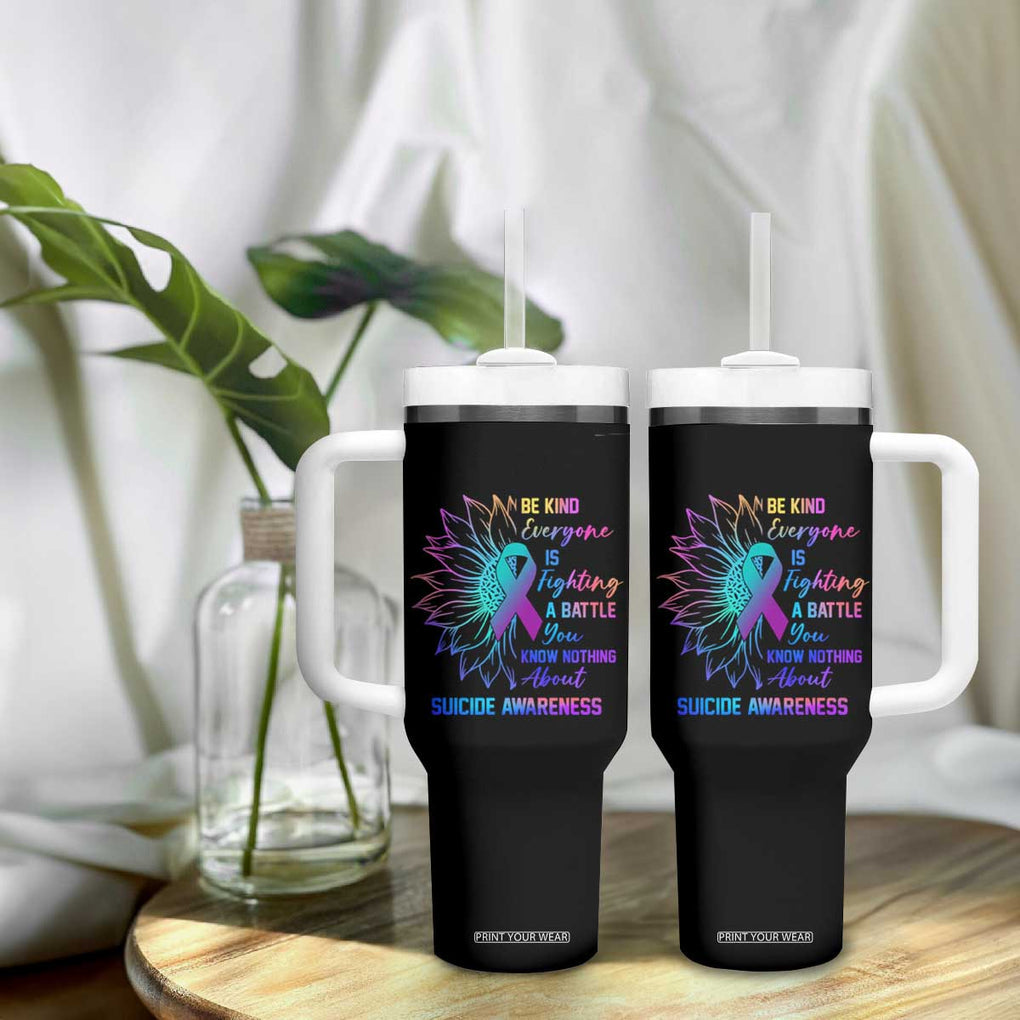 Suicide Prevention Awareness Tumbler With Handle Be Kind Everyone Is Fighting A Battle You Know Nothing About Teal Purple Gradient Sunflower TB02 Print Your Wear