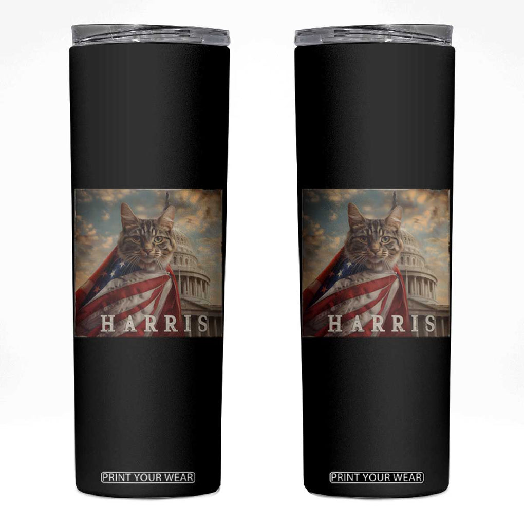 Childless Cat Ladies For Harris 2024 Skinny Tumbler Kamala For President Retro American Flag Cat Graphic TB02 Black Print Your Wear