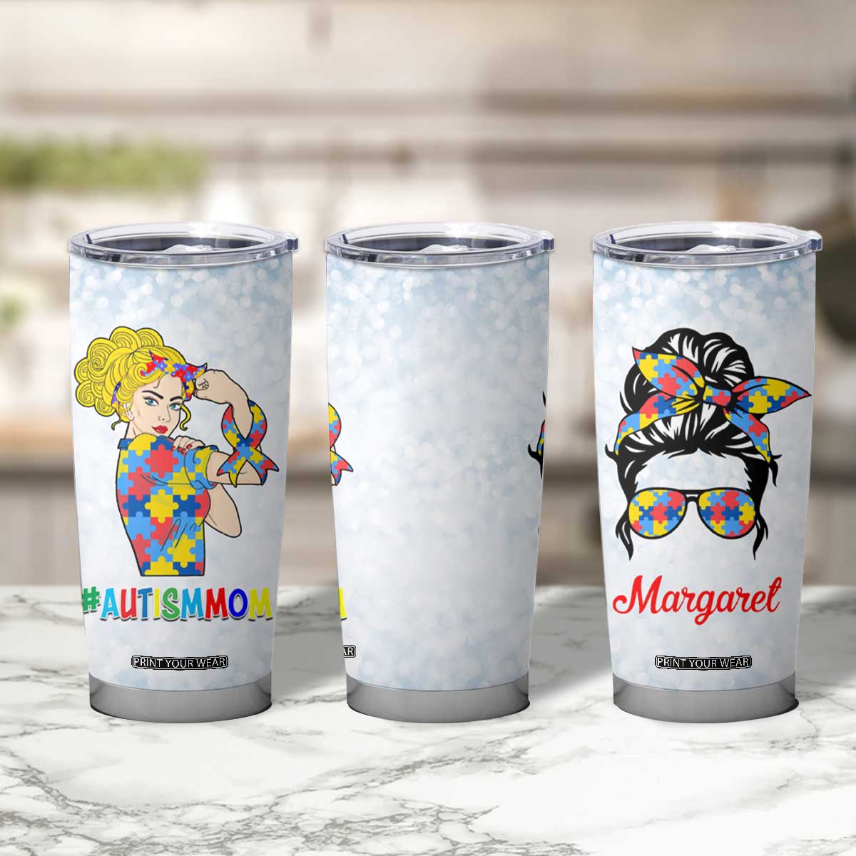 Personalized Autism Mom Tumbler Cup Strong and Proud Puzzle Pieces Messy Bun TB02 Print Your Wear