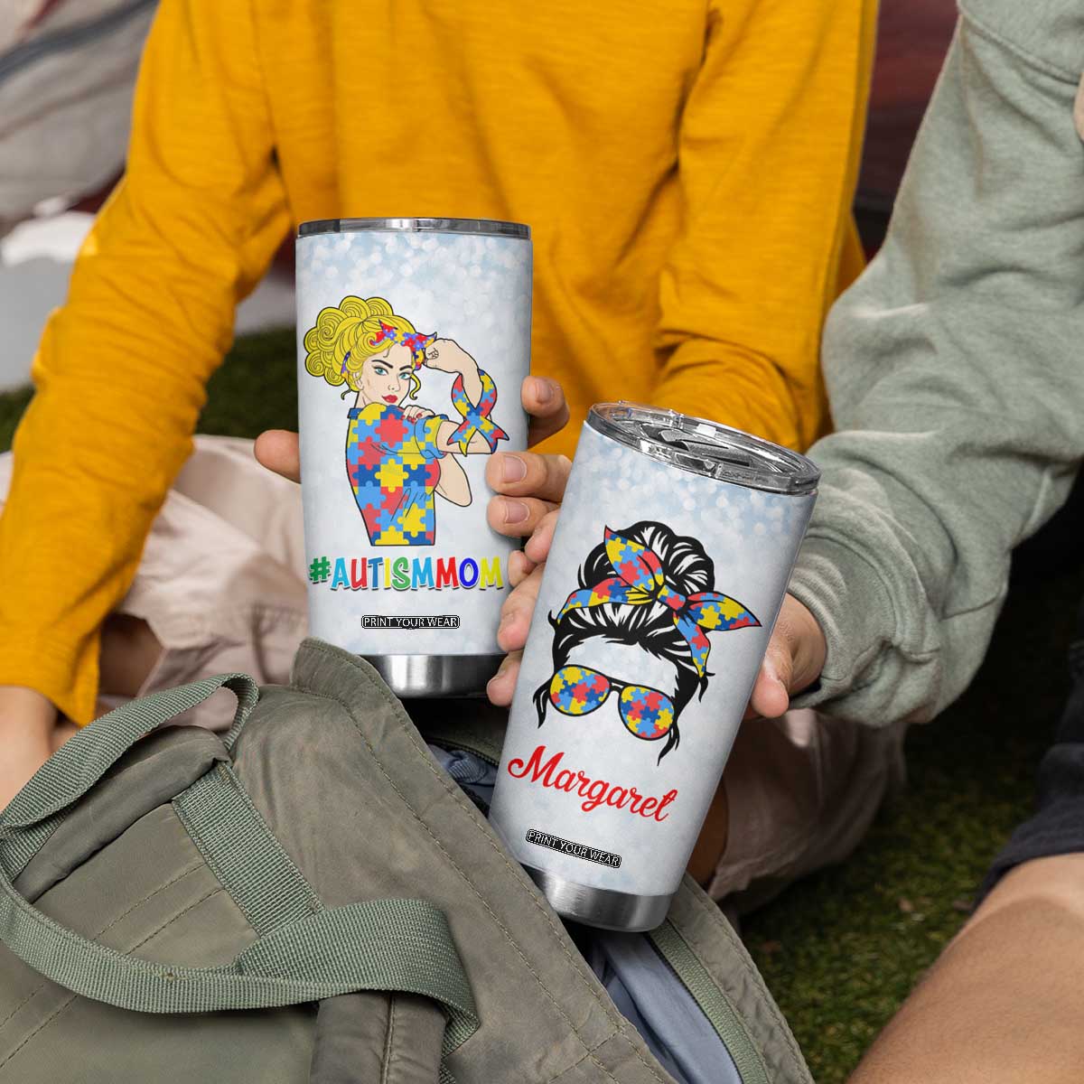 Personalized Autism Mom Tumbler Cup Strong and Proud Puzzle Pieces Messy Bun TB02 Print Your Wear