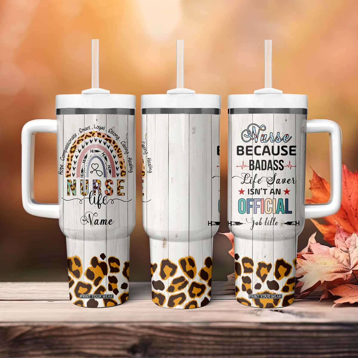 Personalized Funny Nurse Life Tumbler With Handle Custom Name Badass Life Saver Appreciation Leopard Rainbow TB02 Print Your Wear