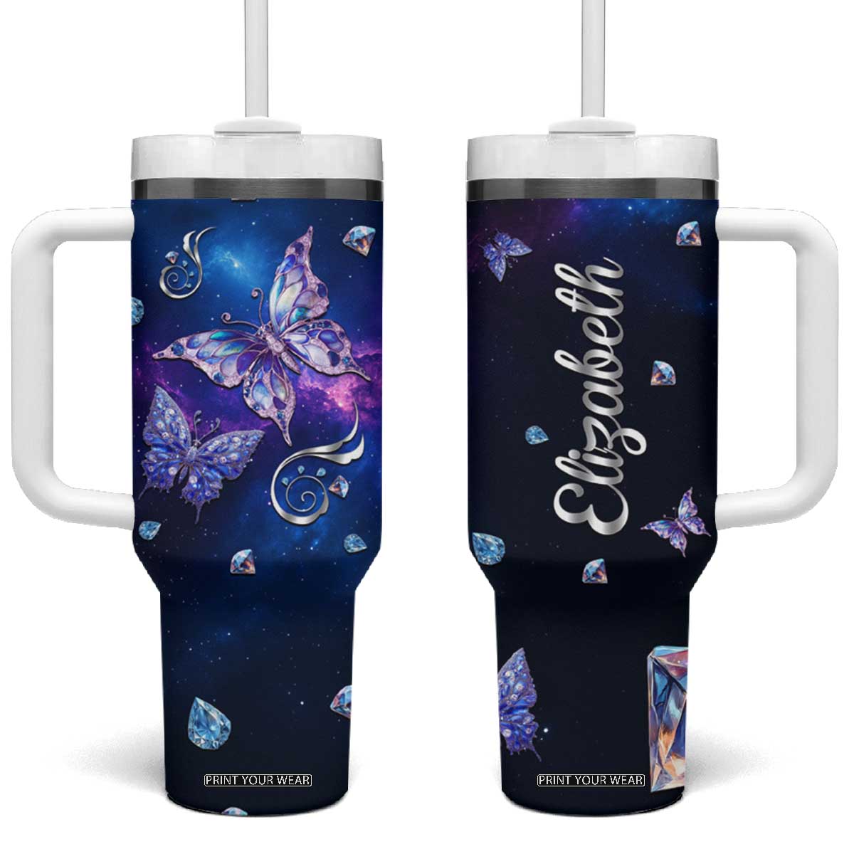 Personalized Name Butterfly Tumbler With Handle Blue Galaxy Gem Butterflies Gifts TB02 One Size: 40 oz Galaxy Blue Print Your Wear