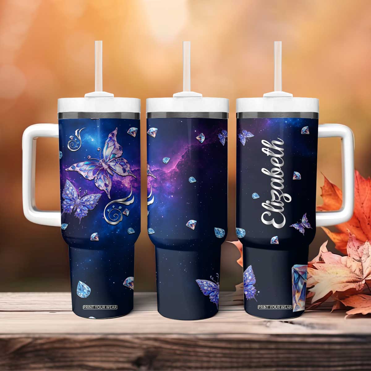Personalized Name Butterfly Tumbler With Handle Blue Galaxy Gem Butterflies Gifts TB02 Print Your Wear