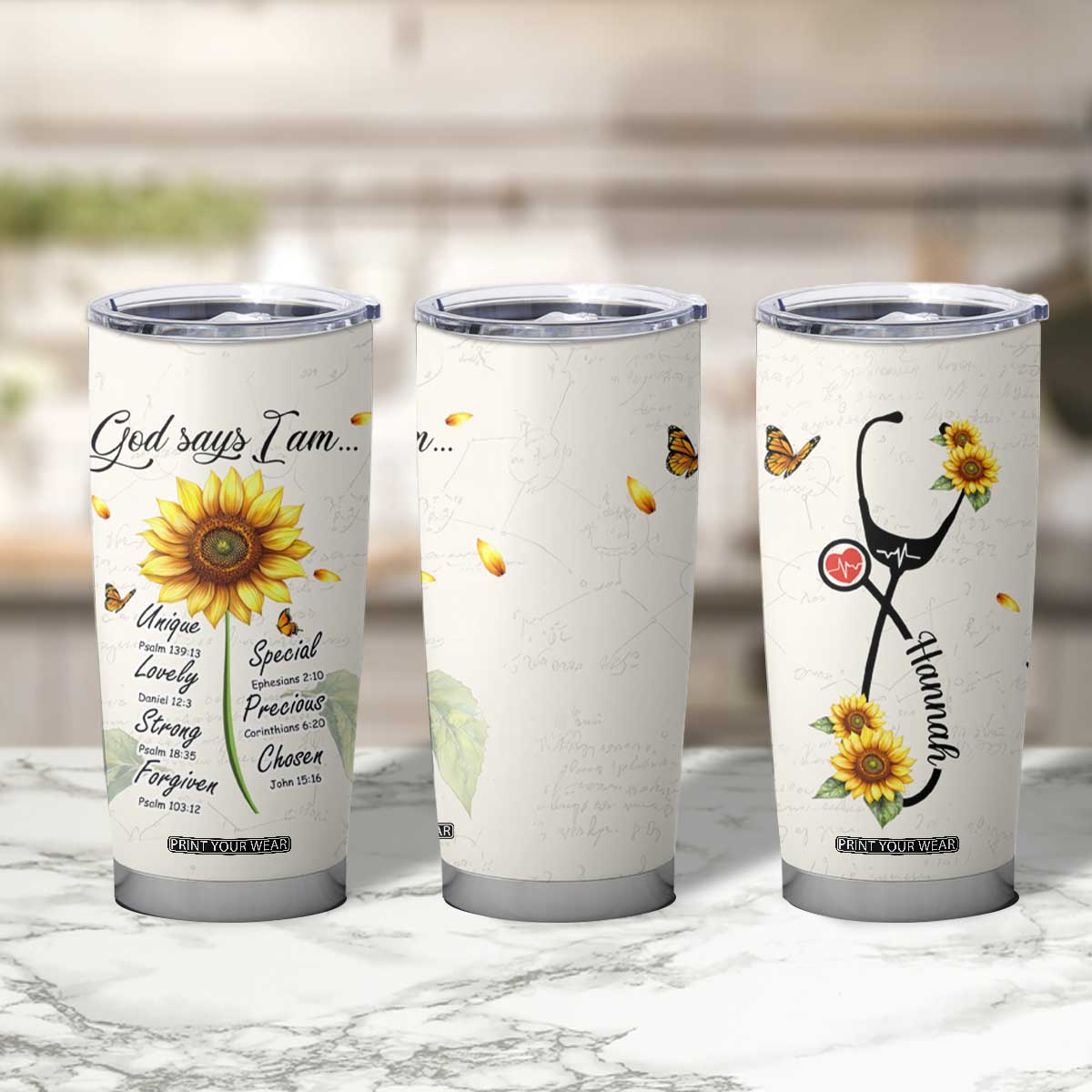 Personalized Nurse Sunflower Tumbler Cup Custom Name Rn Stethoscope Inspirational Christian Bible Verse Scripture TB02 Print Your Wear