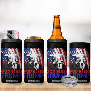 God Bless President Trump 4 in 1 Can Cooler Tumbler Pennsylvania 2024 Raised Fist American Flag Cross TB02 Print Your Wear