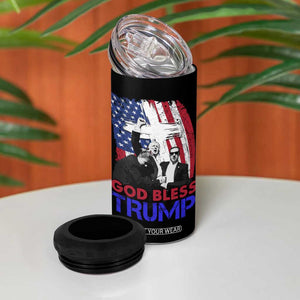 God Bless President Trump 4 in 1 Can Cooler Tumbler Pennsylvania 2024 Raised Fist American Flag Cross TB02 Print Your Wear